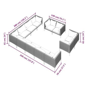12-tlg. Garten-Lounge-Set mit Kissen Poly Rattan Dunkelgrau