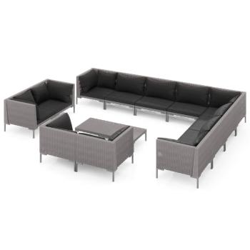 13-tlg. Garten-Lounge-Set mit Kissen Poly Rattan Dunkelgrau