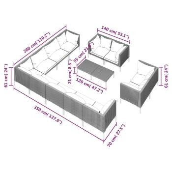 13-tlg. Garten-Lounge-Set mit Kissen Poly Rattan Dunkelgrau