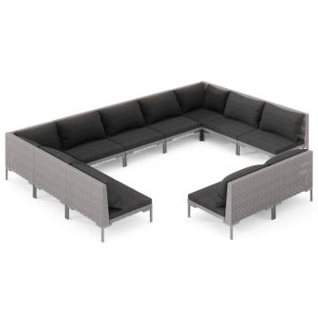 11-tlg. Garten-Lounge-Set mit Kissen Poly Rattan Dunkelgrau