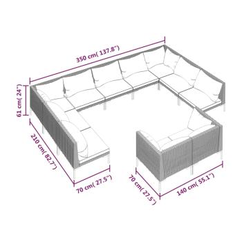 11-tlg. Garten-Lounge-Set mit Kissen Poly Rattan Dunkelgrau