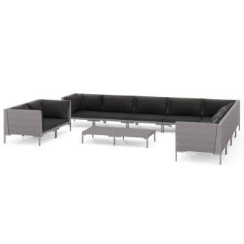 11-tlg. Garten-Lounge-Set mit Kissen Poly Rattan Dunkelgrau