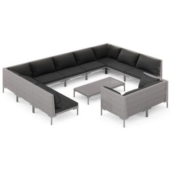 12-tlg. Garten-Lounge-Set mit Kissen Poly Rattan Dunkelgrau