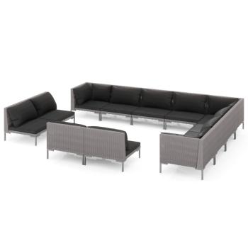 12-tlg. Garten-Lounge-Set mit Kissen Poly Rattan Dunkelgrau