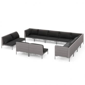 12-tlg. Garten-Lounge-Set mit Kissen Poly Rattan Dunkelgrau