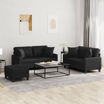 ARDEBO.de - 3-tlg. Sofagarnitur mit Kissen Schwarz Kunstleder