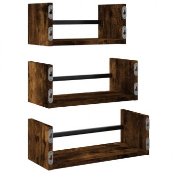 3-tlg. Wandregal-Set mit Stangen Räuchereiche Holzwerkstoff