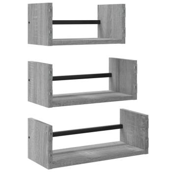 3-tlg. Wandregal-Set mit Stangen Grau Sonoma Holzwerkstoff