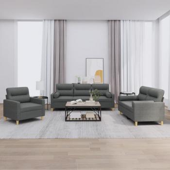ARDEBO.de - 3-tlg. Sofagarnitur mit Kissen Dunkelgrau Stoff