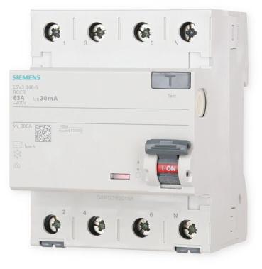 Siemens 5SV3346-6 FI-Schutzschalter, 4-polig, Typ A, 63A, 30mA, 400V