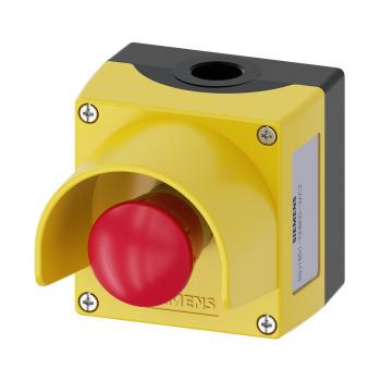 ARDEBO.de Siemens 3SU1851-0NB00-2AC2 Gehäuse für Befehlsgeräte, 22 mm, rund, mit Schutzkragen, 1 Befehlsstelle Metall, A=NOT-HALT-Pilzdrucktaster rot, 40 mm, drehentriegelt, 1Ö, 1Ö, Schraubanschluss, Bodenbefestigung