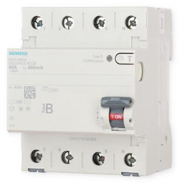 Siemens 5SV3646-4 FI-Schutzschalter, 4-polig, Typ B, kurzzeitverzögert, 63A, 300mA, 400V