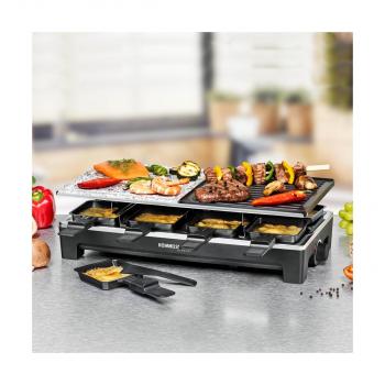 Rommelsbacher RCS 1350 Raclette, 1350W, 8 Pfännchen, 8 Wendeschaber, Antihaftbeschichtung, schwarz/Edelstahl