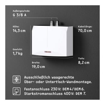 STIEBEL ELTRON DEM 4 Mini-Durchlauferhitzer fürs Handwaschbecken, elektronisch, EEK: A, 4,4 kW, Festanschluss 230v, druckfest und drucklos (231002)