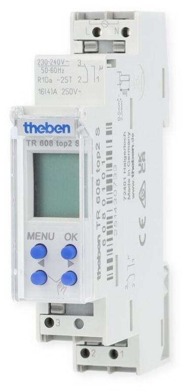 Theben TR 608 top2 S Digitale Zeitschaltuhr 1 Kanal, REG/DIN-Schiene/Hutschiene, 1TE, Wochenprogramm, 10 Jahre Gangreserve, EIN-AUS Schaltzeiten, integrierter Betriebsstundenzähler, Ferienprogramm, 60 W LED 6080101