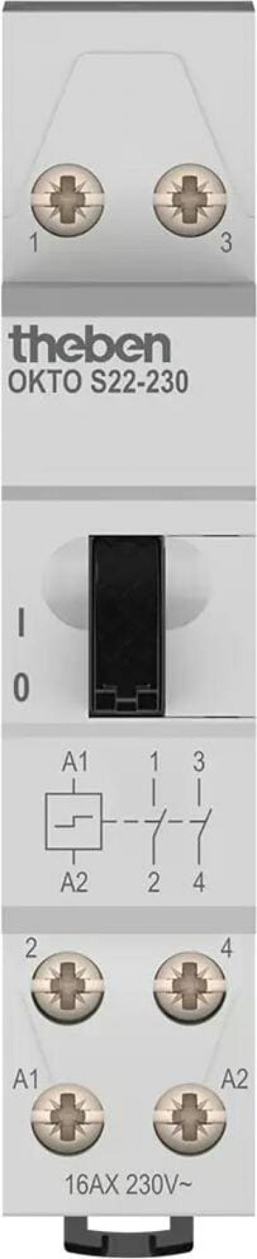 ARDEBO.de Theben OKTO S22-230 Stromstoßschalter elektromechanisch, 2 Kanäle/Schließer, allpolige Abschaltung, 200 W LED, kein Ruhestromverbrauch, SELV, 2 Drähte pro Taster, Bedienung über integrierten Handschalter möglich 3120122