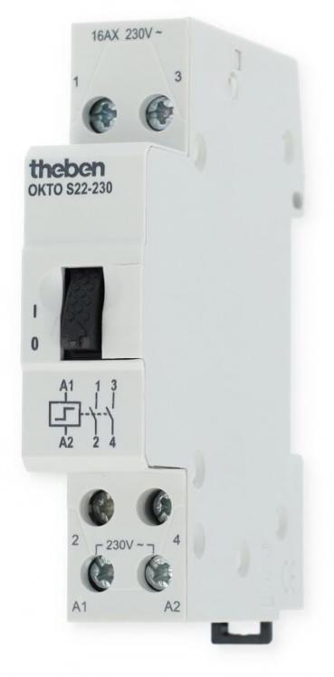 Theben OKTO S22-230 Stromstoßschalter elektromechanisch, 2 Kanäle/Schließer, allpolige Abschaltung, 200 W LED, kein Ruhestromverbrauch, SELV, 2 Drähte pro Taster, Bedienung über integrierten Handschalter möglich 3120122