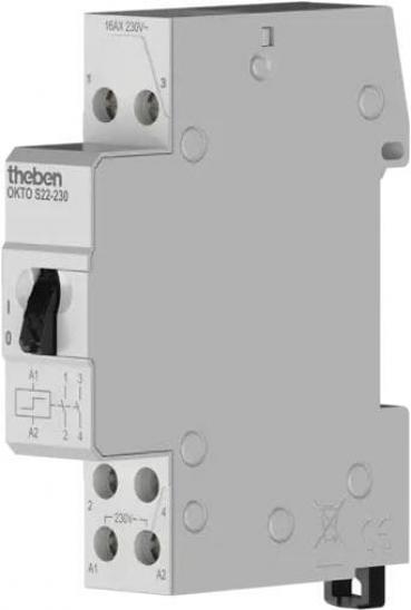 Theben OKTO S22-230 Stromstoßschalter elektromechanisch, 2 Kanäle/Schließer, allpolige Abschaltung, 200 W LED, kein Ruhestromverbrauch, SELV, 2 Drähte pro Taster, Bedienung über integrierten Handschalter möglich 3120122