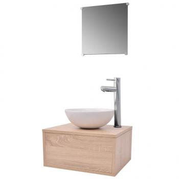 4-tlg. Badmöbel-Set mit Waschbecken und Wasserhahn Beige