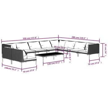 11-tlg. Garten-Lounge-Set mit Kissen Poly Rattan Dunkelgrau