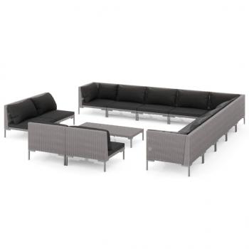 14-tlg. Garten-Lounge-Set mit Kissen Poly Rattan Dunkelgrau