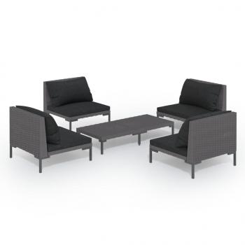 5-tlg. Garten-Lounge-Set mit Kissen Poly Rattan Dunkelgrau