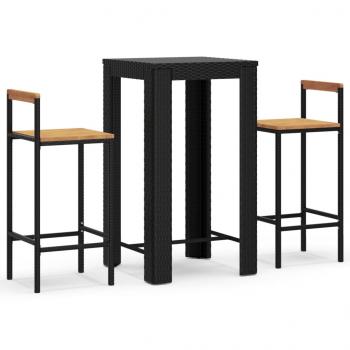 3-tlg. Gartenbar-Set Schwarz Poly Rattan & Massivholz Akazie