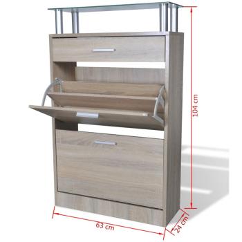 Schuhschrank mit Schubfach & oberes Glasregal Holz Eichenoptik