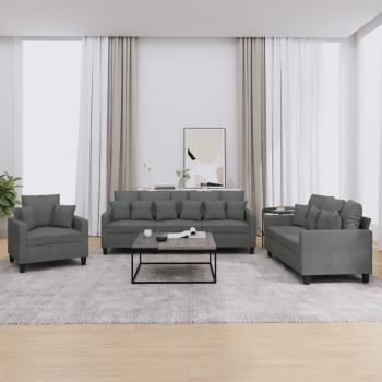 ARDEBO.de - 3-tlg. Sofagarnitur mit Kissen Dunkelgrau Stoff
