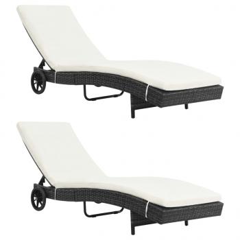 ARDEBO.de - Sonnenliegen 2 Stk. mit Rollen und Auflagen Poly Rattan Schwarz