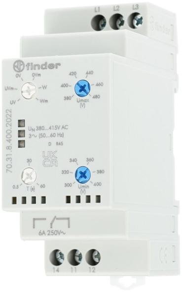 Finder 70.31.8.400.2022 Netzüberwachung 6A, 415VAC, 1Wechsler, Phasenausfall/-folge