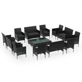 16-tlg. Garten-Lounge-Set mit Auflagen Poly Rattan Schwarz