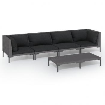5-tlg. Garten-Lounge-Set mit Kissen Poly Rattan Dunkelgrau