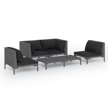 5-tlg. Garten-Lounge-Set mit Kissen Poly Rattan Dunkelgrau