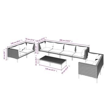 9-tlg. Garten-Lounge-Set mit Kissen Poly Rattan Dunkelgrau