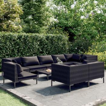 ARDEBO.de - 10-tlg. Garten-Lounge-Set mit Kissen Poly Rattan Dunkelgrau
