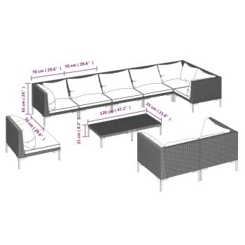 10-tlg. Garten-Lounge-Set mit Kissen Poly Rattan Dunkelgrau