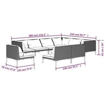 9-tlg. Garten-Lounge-Set mit Kissen Poly Rattan Dunkelgrau