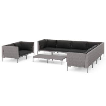 10-tlg. Garten-Lounge-Set mit Kissen Poly Rattan Dunkelgrau