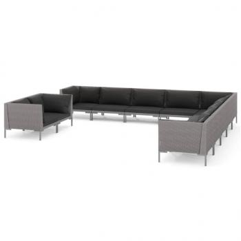 11-tlg. Garten-Lounge-Set mit Kissen Poly Rattan Dunkelgrau