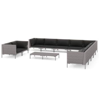 12-tlg. Garten-Lounge-Set mit Kissen Poly Rattan Dunkelgrau