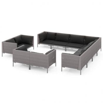 11-tlg. Garten-Lounge-Set mit Kissen Poly Rattan Dunkelgrau