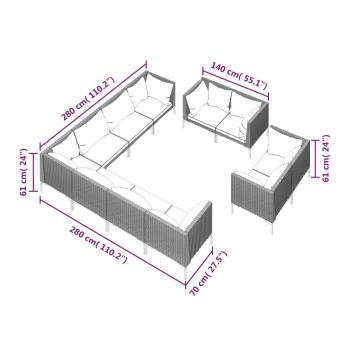 11-tlg. Garten-Lounge-Set mit Kissen Poly Rattan Dunkelgrau