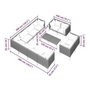 12-tlg. Garten-Lounge-Set mit Kissen Poly Rattan Dunkelgrau