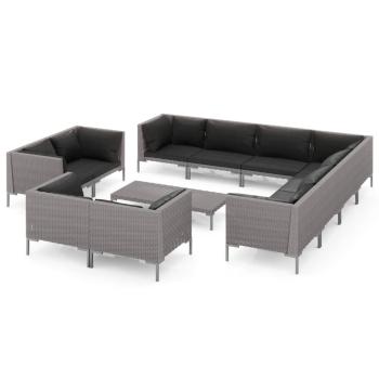 12-tlg. Garten-Lounge-Set mit Kissen Poly Rattan Dunkelgrau