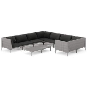 9-tlg. Garten-Lounge-Set mit Kissen Poly Rattan Dunkelgrau