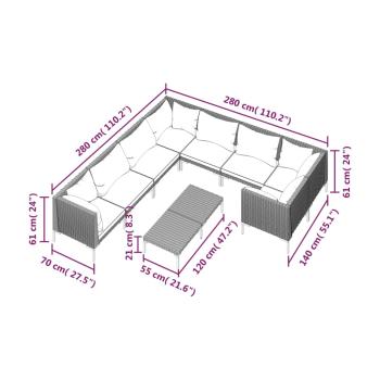 9-tlg. Garten-Lounge-Set mit Kissen Poly Rattan Dunkelgrau