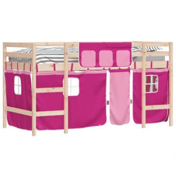 Kinderhochbett mit Vorhängen Rosa 90x190 cm Massivholz Kiefer