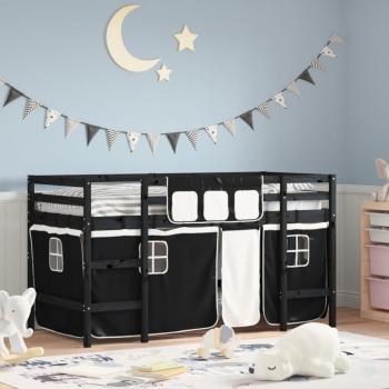 ARDEBO.de - Kinderhochbett mit Vorhängen Weiß Schwarz 90x200cm Kiefernholz