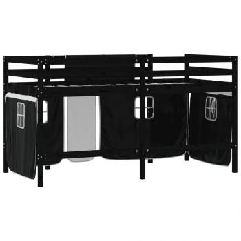 Kinderhochbett mit Vorhängen Weiß Schwarz 90x200cm Kiefernholz